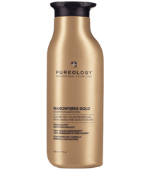 Pureology Nanoworks Gold shampoo bottle, gold with black cap
