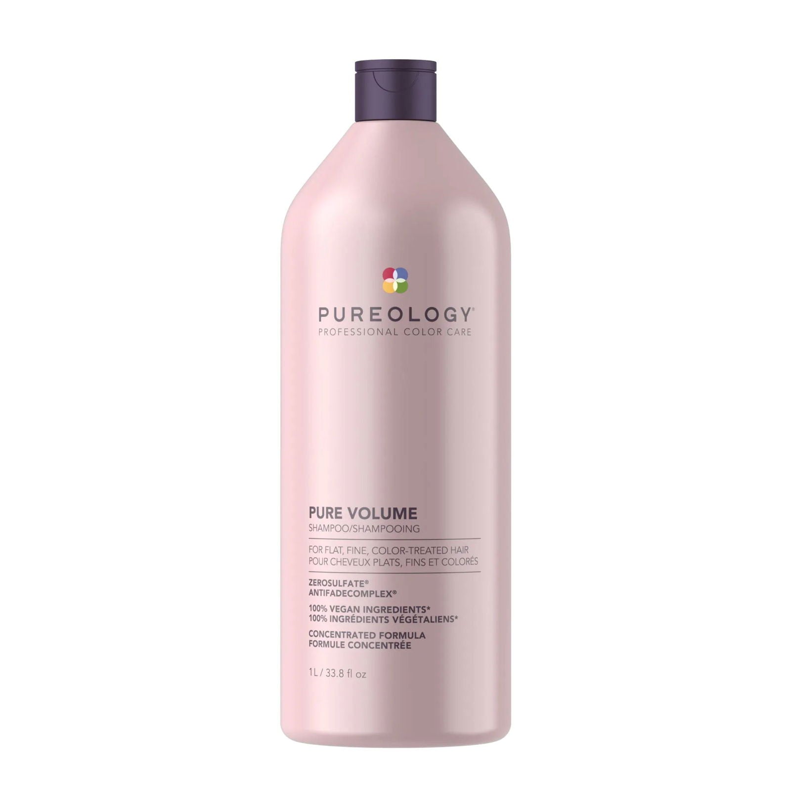 Pink shampoo bottle with purple cap, Pureology Pure Volume label