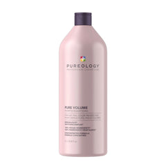 Pink shampoo bottle with purple cap, Pureology Pure Volume label