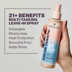 Pureology Color Fanatic leave-in spray bottle in hand, pump top, 21 benefits