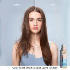 Pureology Color Fanatic leave-in spray bottle with pump beside model, color-focused styling