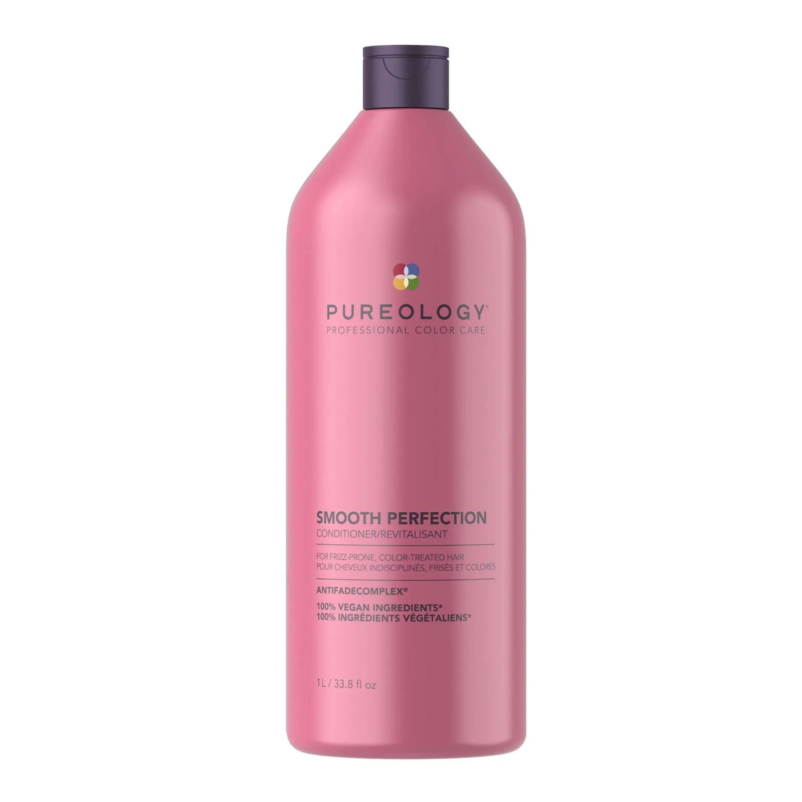 Pureology Smooth Perfection conditioner bottle, pink plastic with purple cap