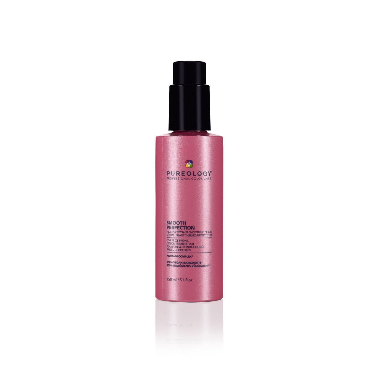 PUREOLOGY Smooth Perfection heat protectant smoothing serum bottle with black pump, 150 ml