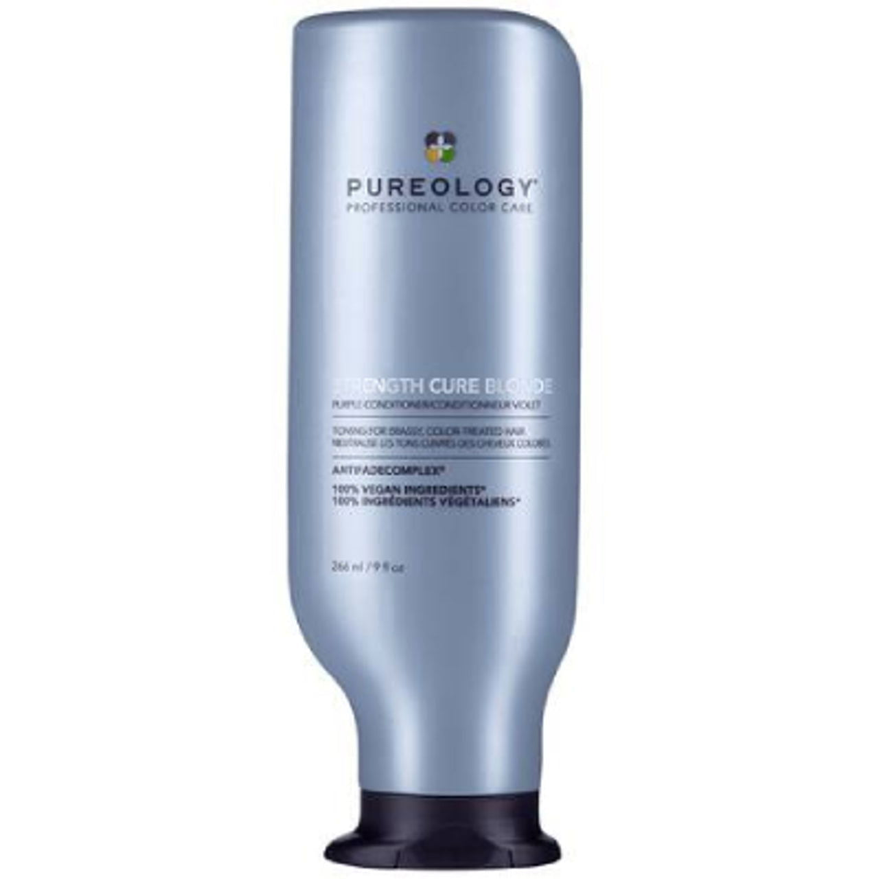 Pureology Strength Cure Blonde conditioner bottle, blue plastic with pump top