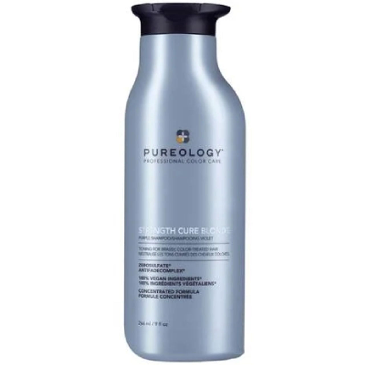 Pureology Strength Cure blonde shampoo bottle, light blue with black cap