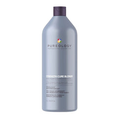 Pureology Strength Cure Blonde shampoo bottle with purple cap and gray bottle