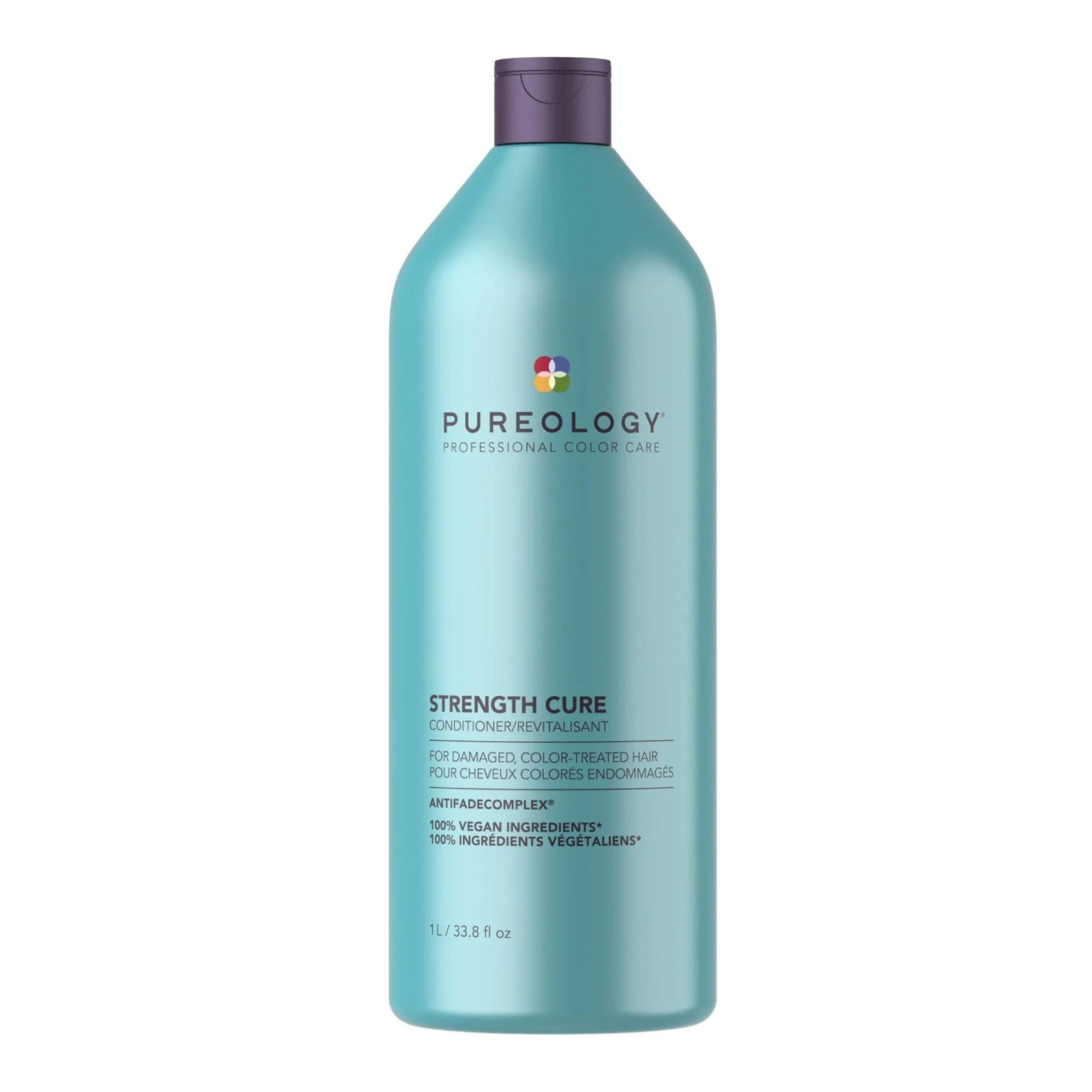 Pureology Strength Cure conditioner bottle, teal plastic with purple cap