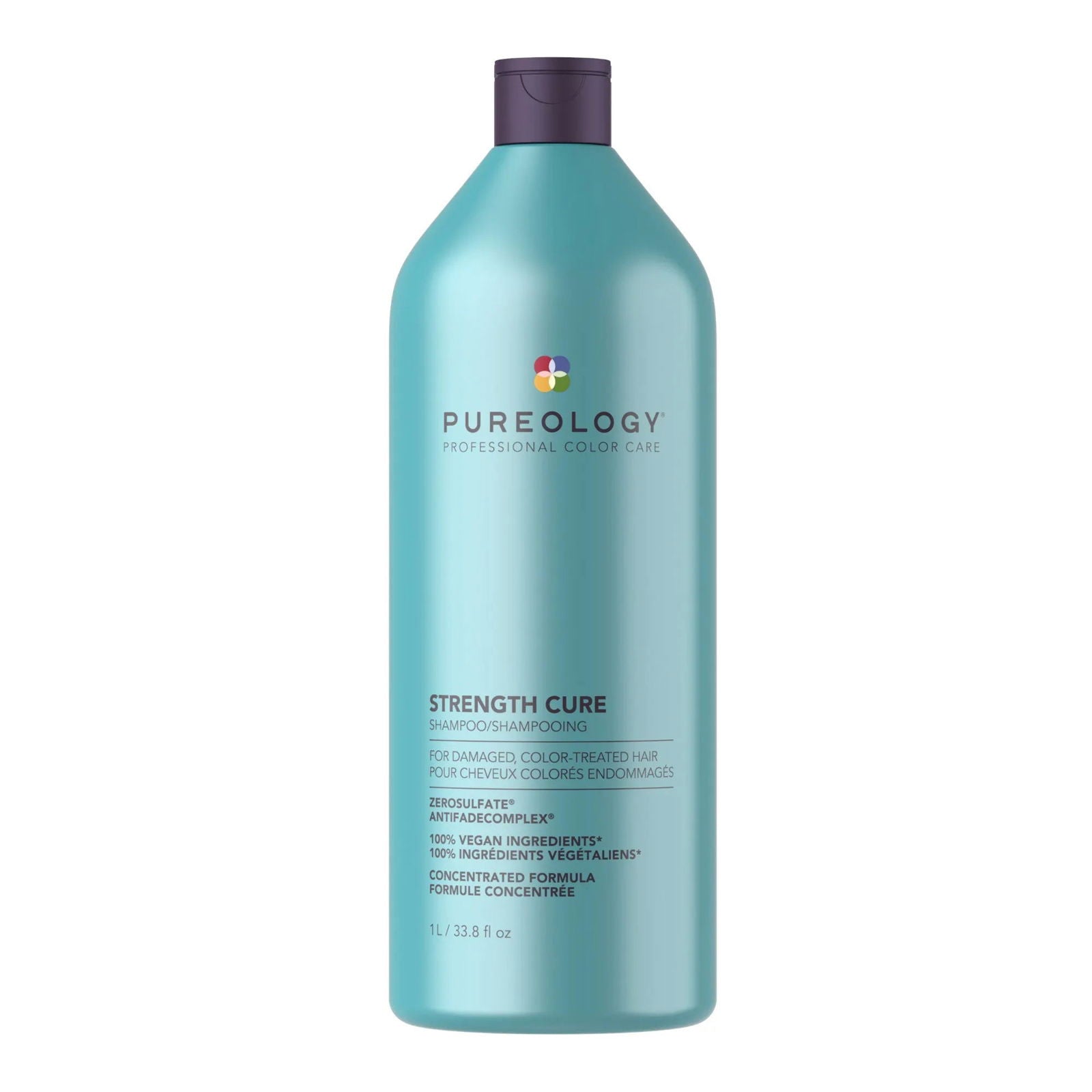 Teal shampoo bottle with dark cap, PUREOLOGY Strength Cure 1000ml label
