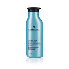 Pureology Strength Cure shampoo bottle, teal blue with black cap