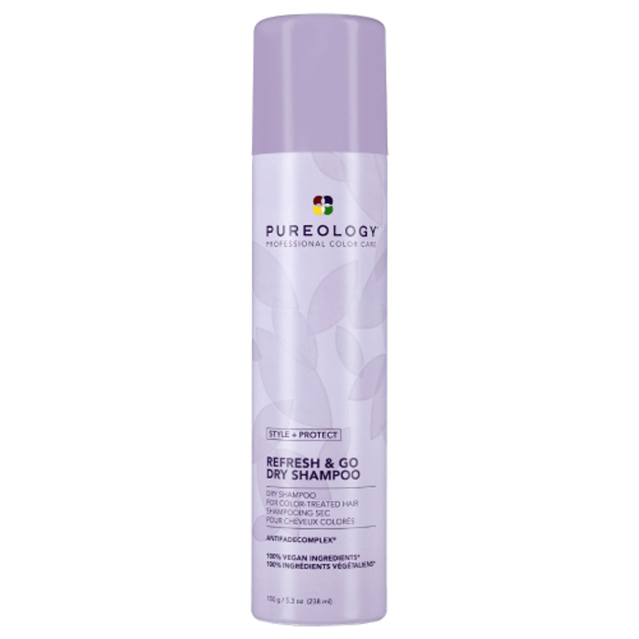 Pureology dry shampoo bottle with purple cap and label, 150g