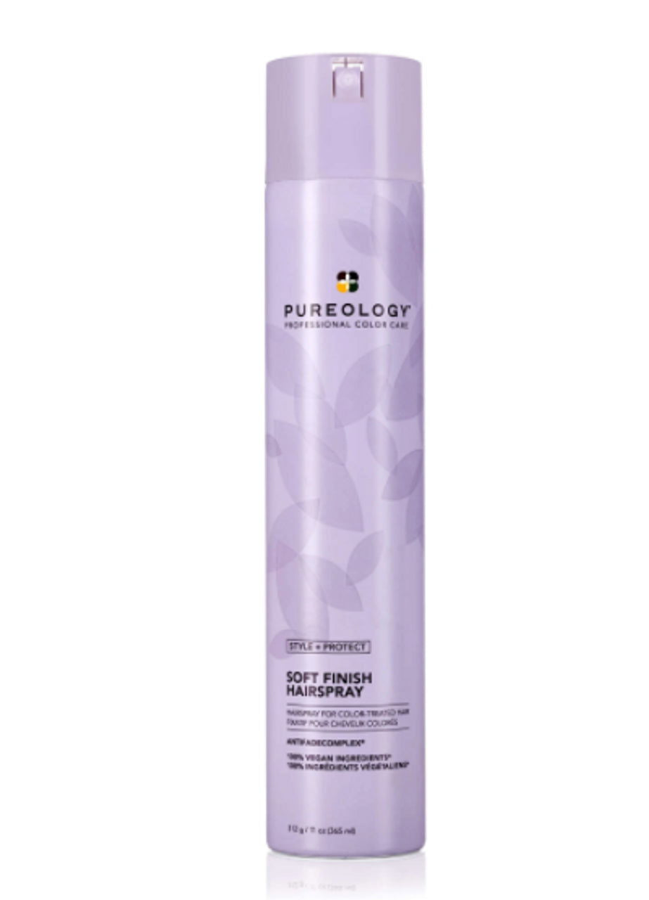 Pureology Style + Protect Soft Finish hairspray bottle, purple, 365 ml