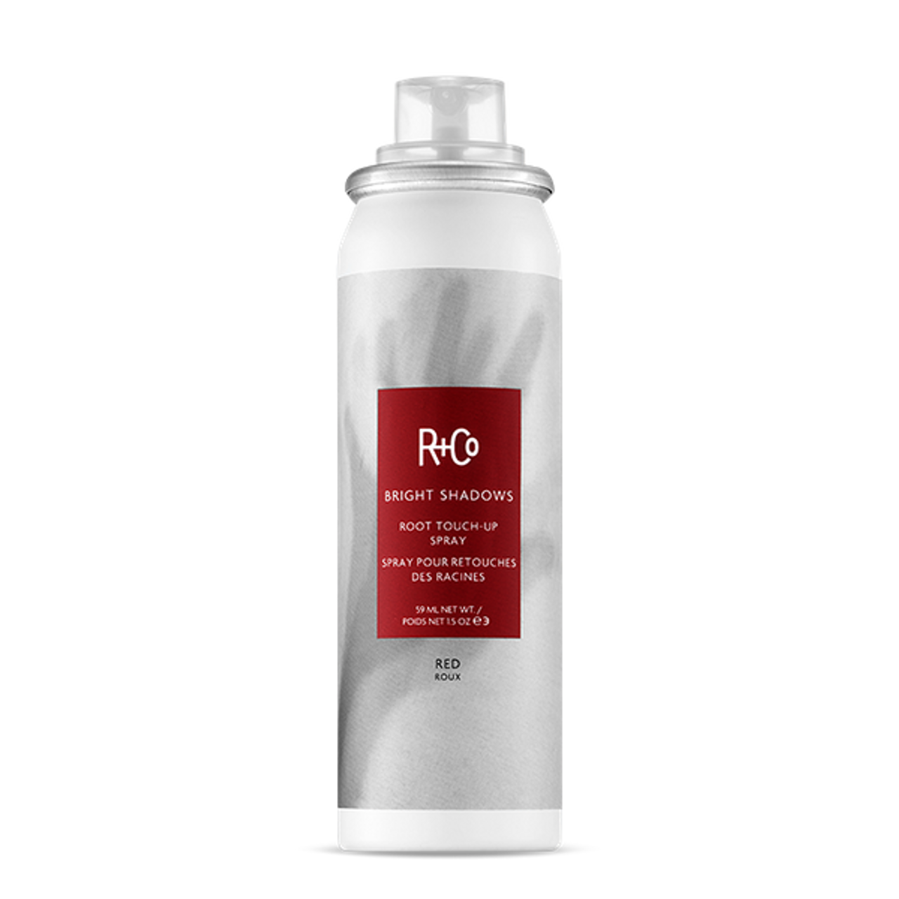 Hair root touch-up spray, red label, white bottle with clear cap