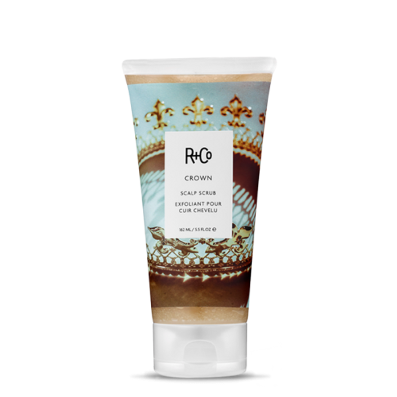 Scalp scrub tube, teal and brown floral design with white flip cap, 162 ml.