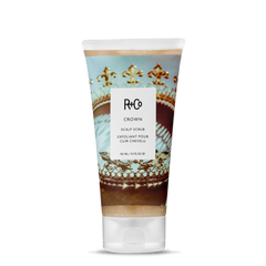 Scalp scrub tube, teal and brown floral design with white flip cap, 162 ml.