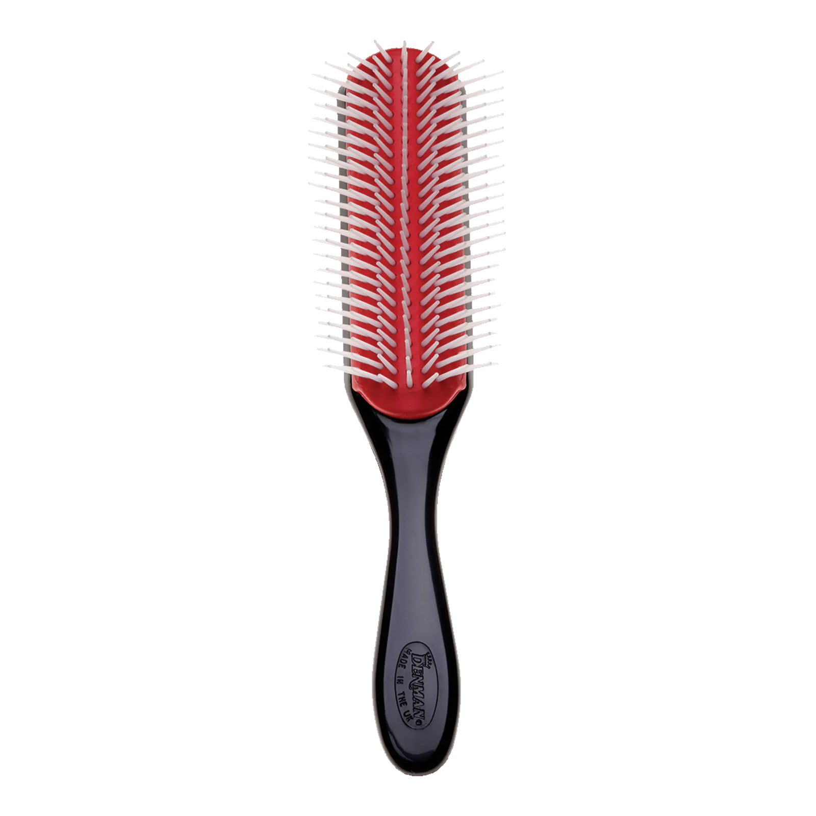 Denman D4 hair brush with red bristle rows and black handle