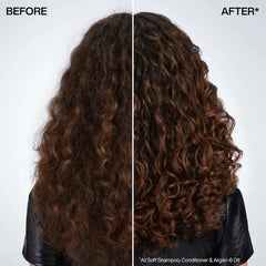 Curly hair strands before and after using argan-6 oil