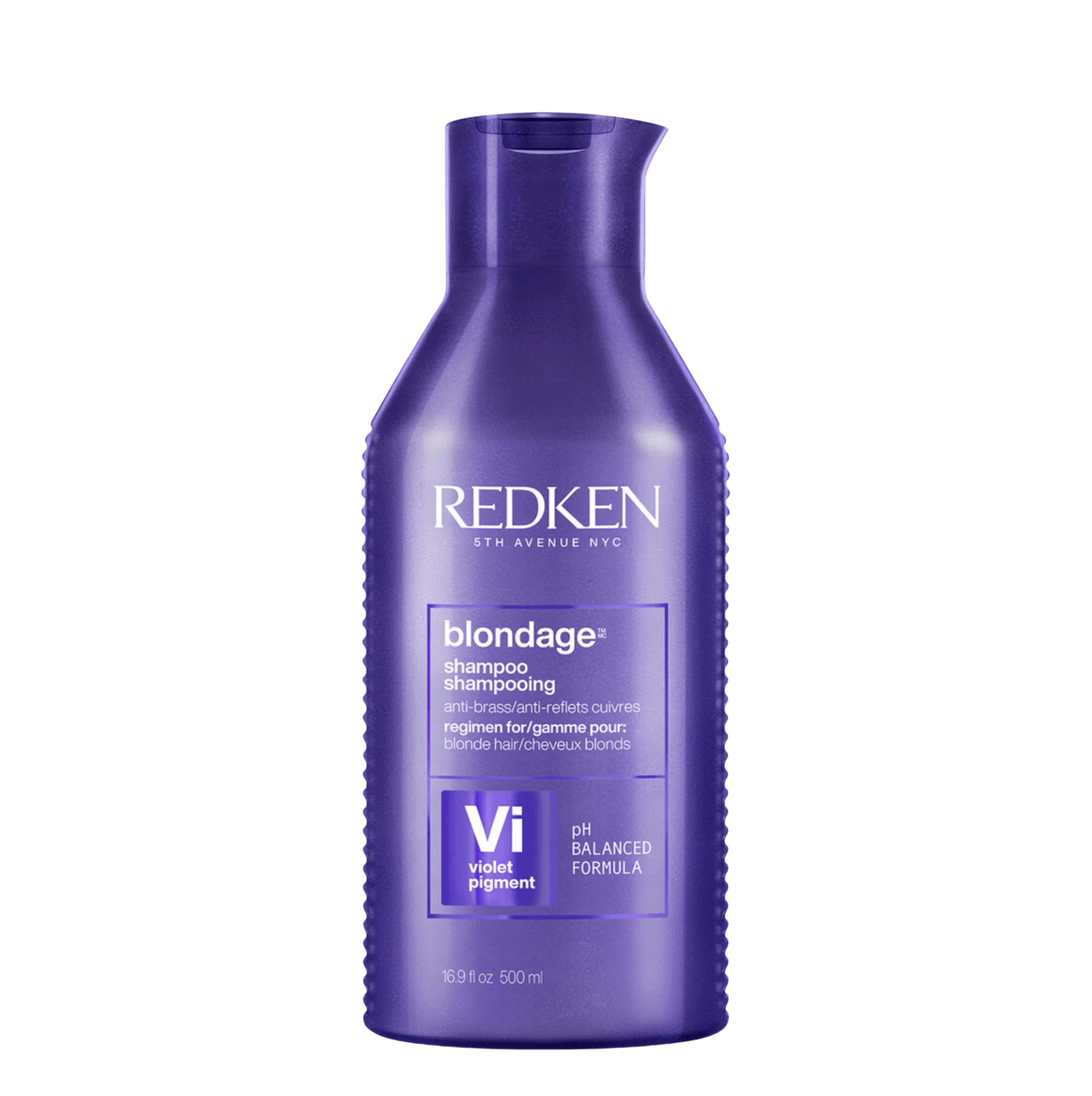 Redken blondage shampoo bottle, violet bottle with front label and 500ml size