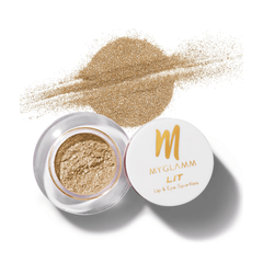 Gold shimmer pigment on applicator swipe with open compact and matching loose powder