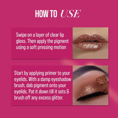 Gold shimmer pigment applied to lips and eyelids with sparkly finish