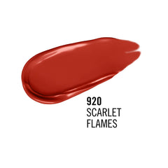 Scarlet red matte liquid lip swatch, shade 920 Scarlet Flames