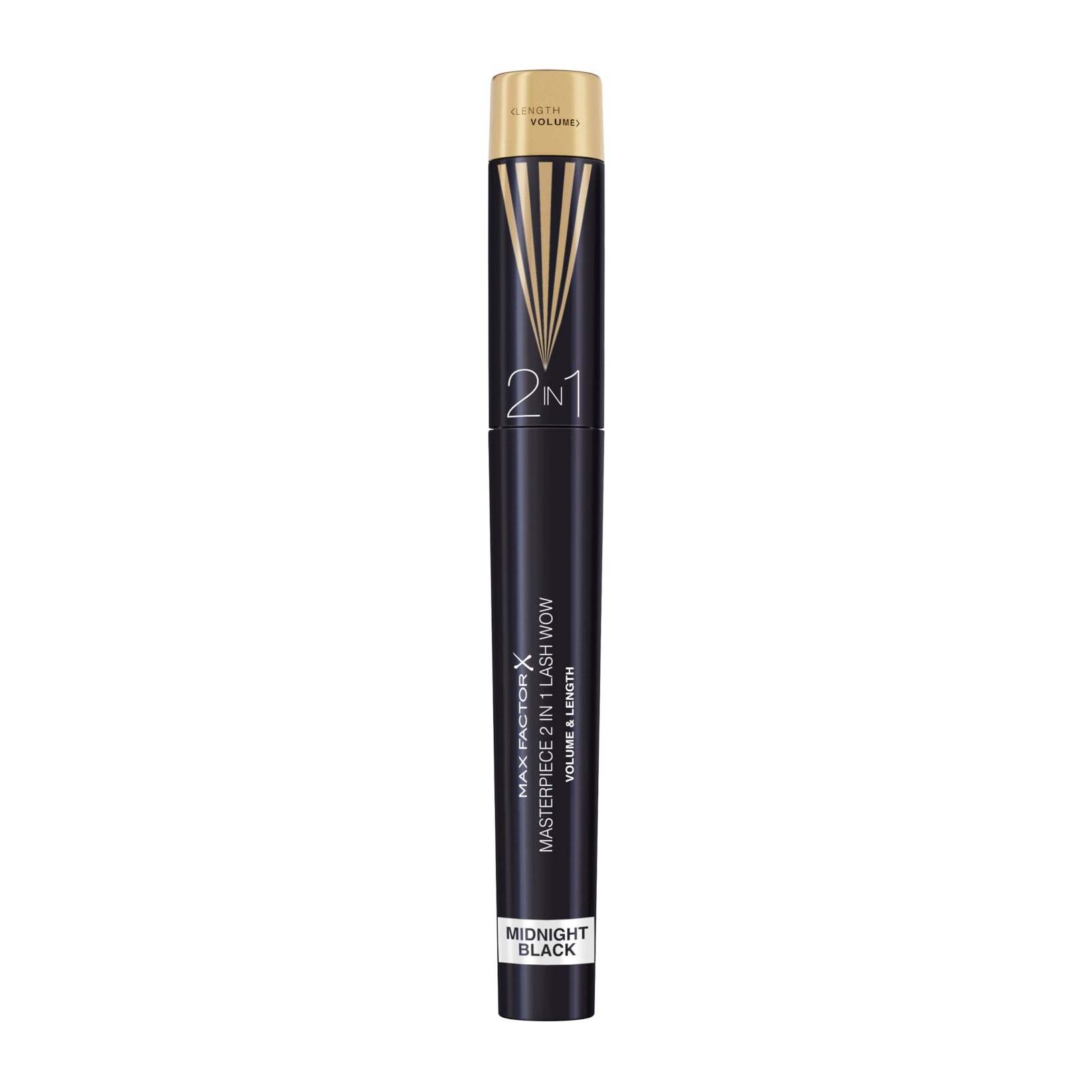 Mascara tube, dark black 2-in-1 formula with gold top and twistable brush, 7ml