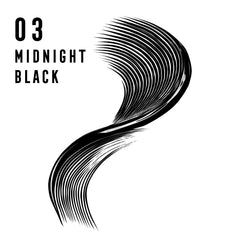 Midnight-black mascara swatch with curved, lash-like black lines on white
