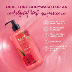 Pink body wash bottle with black pump, rose & aloe vera label and graphic