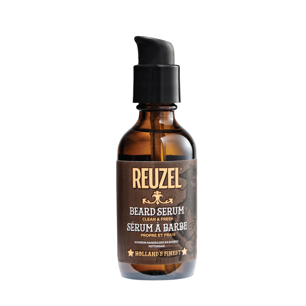 Beard serum bottle with amber glass and black pump, REUZEL label