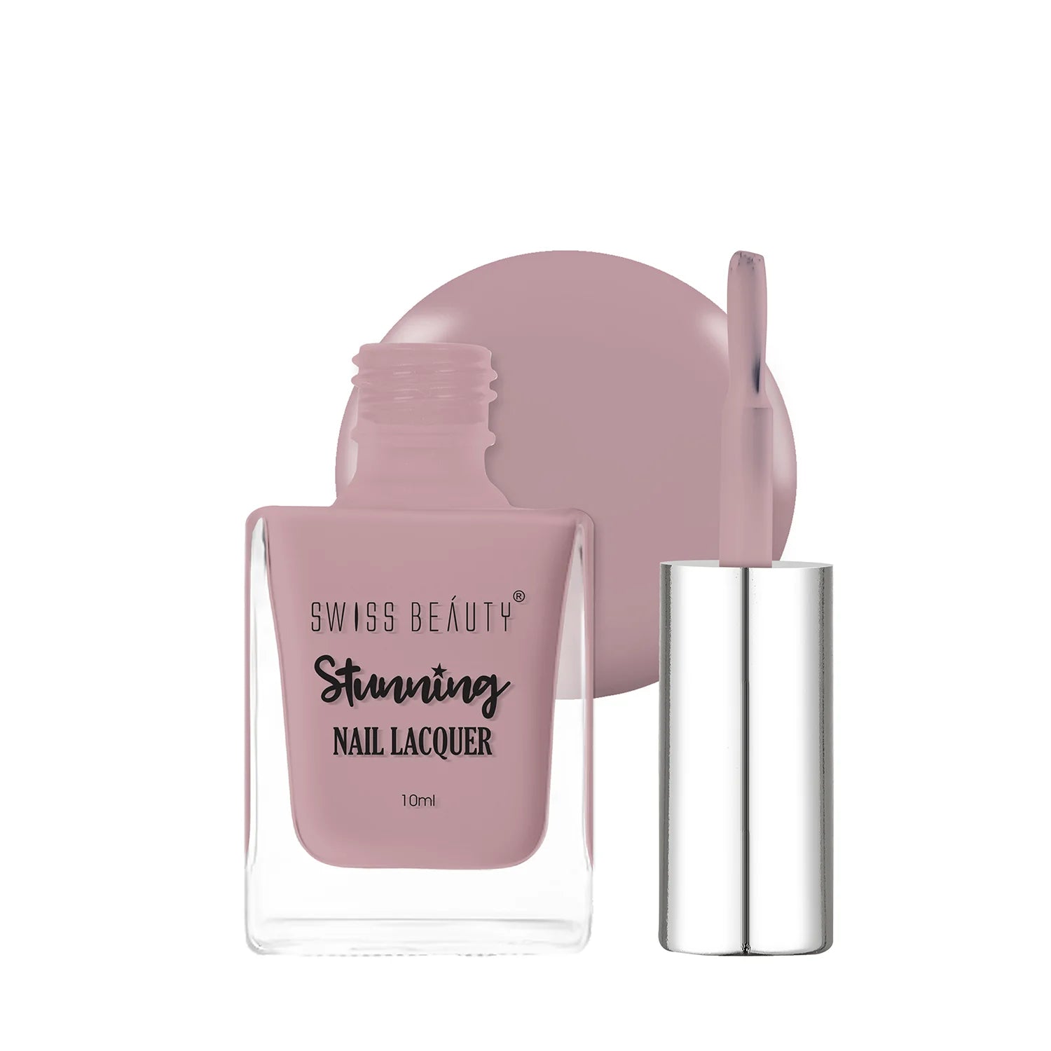 Nail lacquer bottle and cap, mauve-brown shade in glass container.