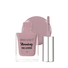 Nail lacquer bottle and cap, mauve-brown shade in glass container.