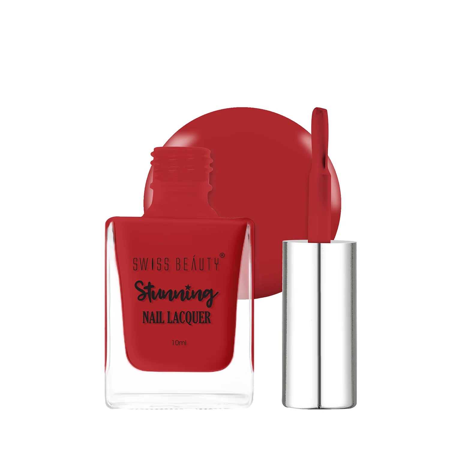 Fiery red nail lacquer bottle with matching cap and brand label