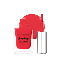 Red nail lacquer bottle with cap and brush, Flamingo Red shade 21, 10ml