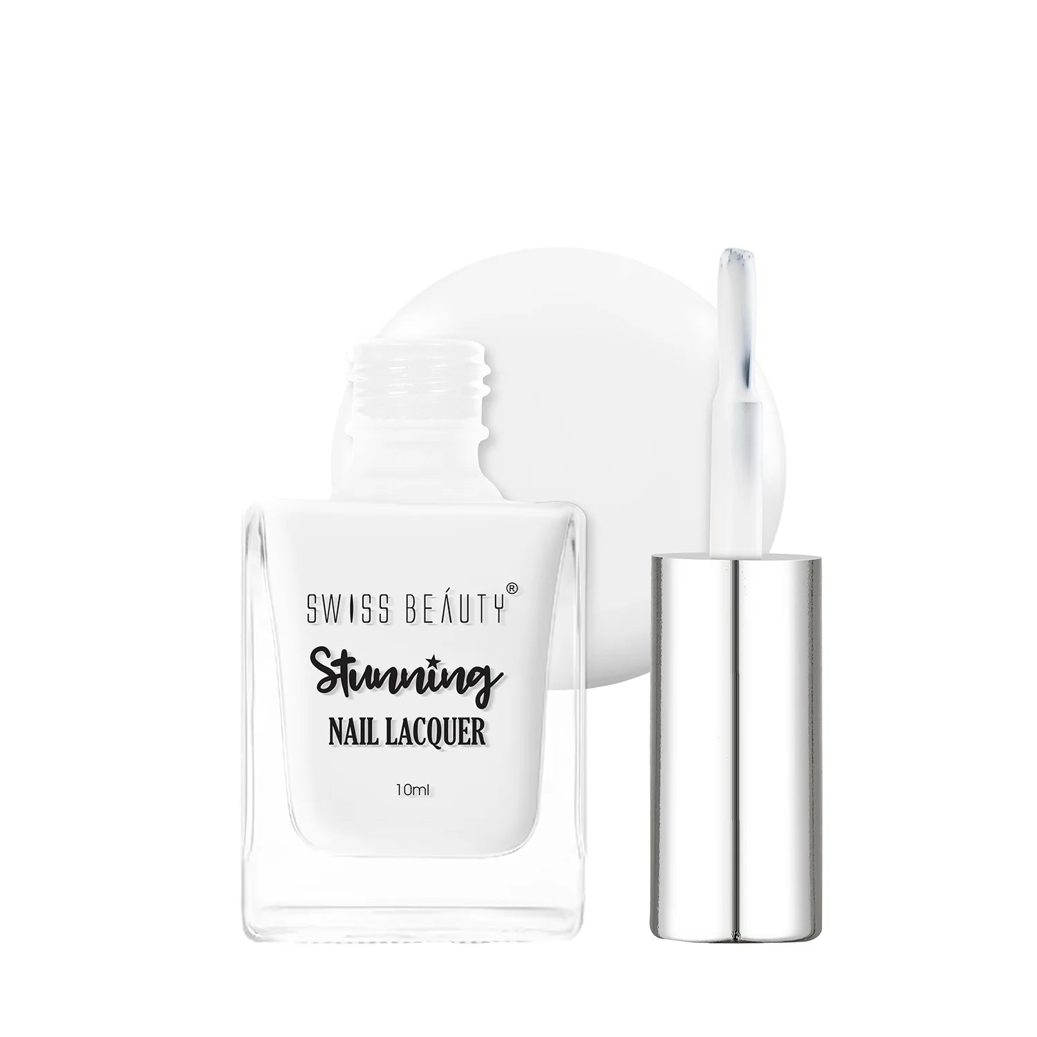 White nail lacquer bottle with silver cap and applicator tube