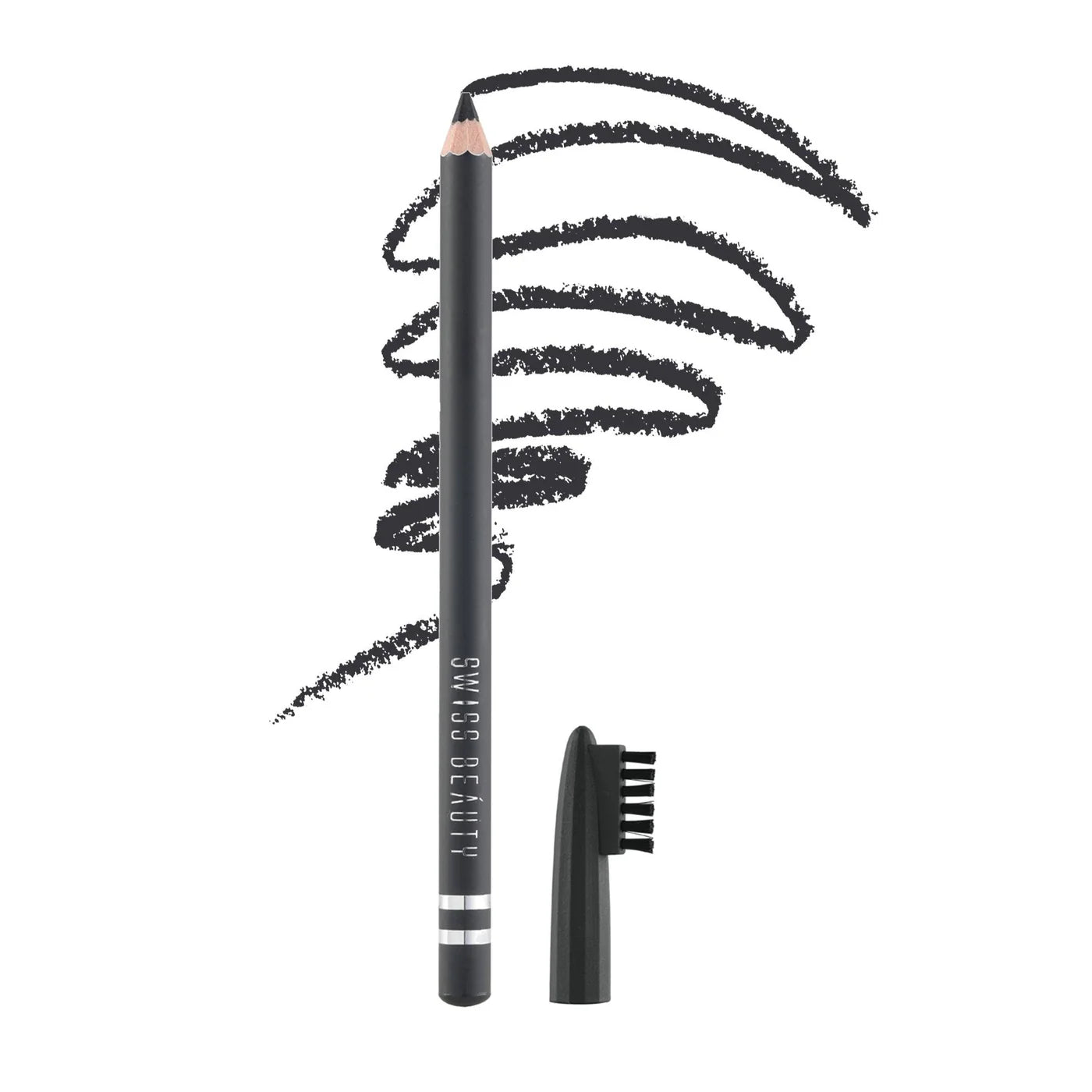 Gray eyebrow pencil with spoolie brush tip and eyebrow swatch lines