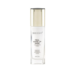 Highlighting makeup base bottle with gold cap and clear body, white label