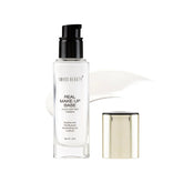 Highlighting makeup base bottle with black cap and gold-toned lid, clear transparent tube