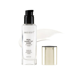 Highlighting makeup base bottle with black cap and gold-toned lid, clear transparent tube