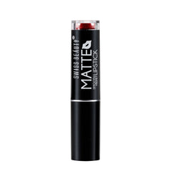 Matte lipstick tube with dark red cap, black body.