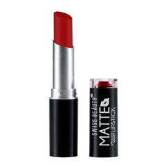 Matte velvet lipstick in dark red with silver case and black base, tube shown.
