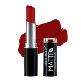 Matte velvet lipstick in dark red, silver case and black base with red swatch.