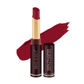 Matte waterproof lipstick with scarlet bullet and matching smear on display