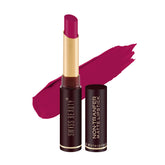 Matte waterproof lipstick in Fire Pink with bullet and lip swatch
