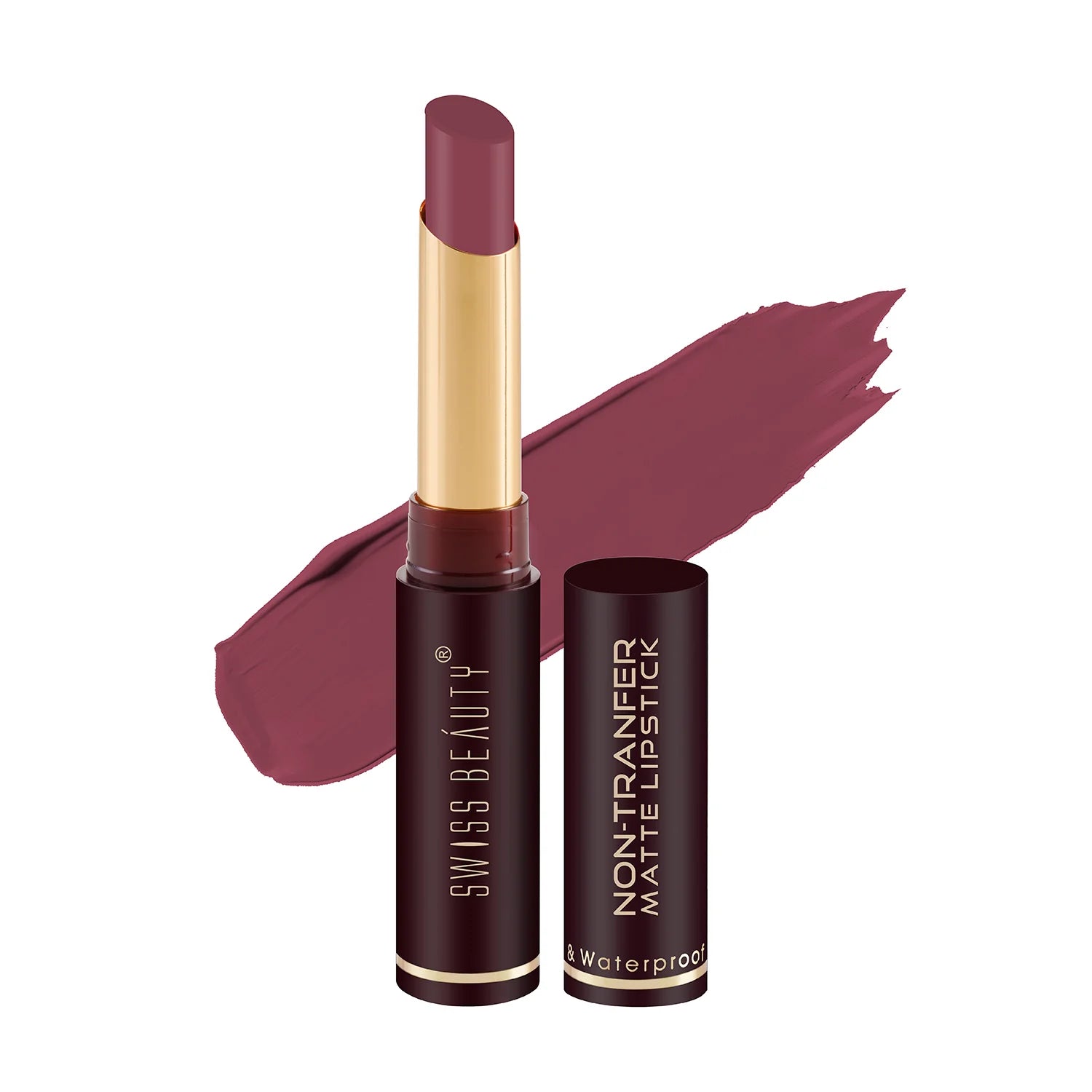 Matte waterproof mauve lipstick in gold-capped tube