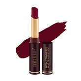 Matte waterproof lipstick in deep red with open bullet and capped tube