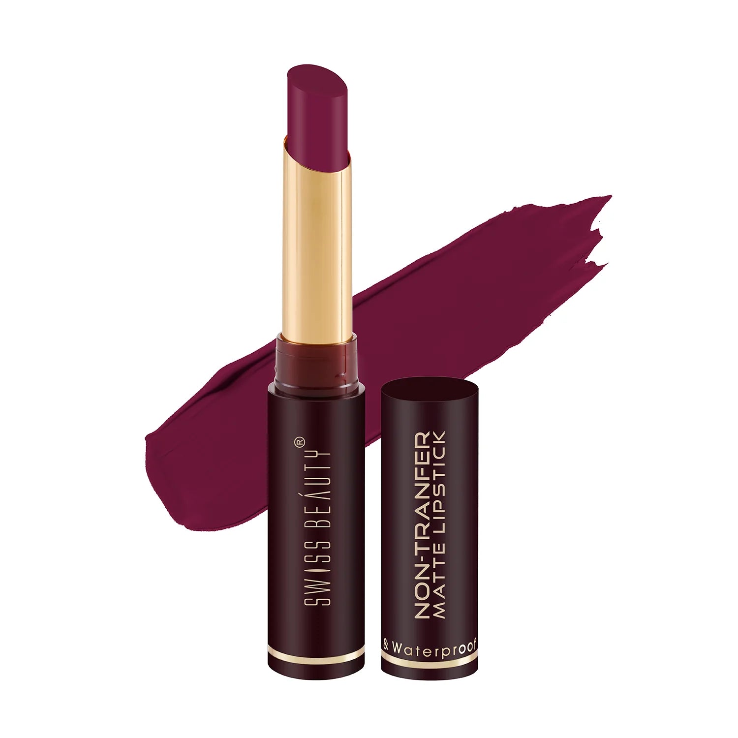 Matte waterproof lipstick in bold wine shade, with applicator tip and swatch.