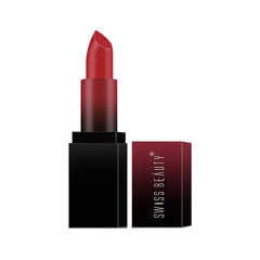 Scarlet red matte lipstick with black cap and matching product box.