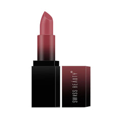 Matte bullet lipstick with black base and dark mauve shade, with matching case