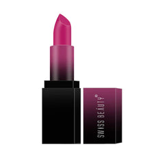 HD matte lipstick in magenta-pink shade, black case with lipstick and matching box