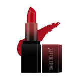 Red HD matte lipstick with black base and cap, with a red swatch on the side