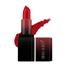 Red HD matte lipstick with black base and cap, with a red swatch on the side